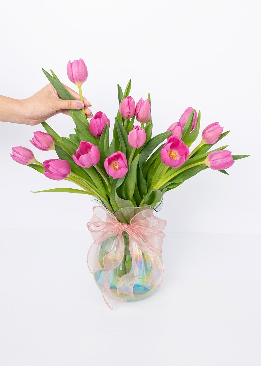 15 tulipanes fucsia en jarrón
