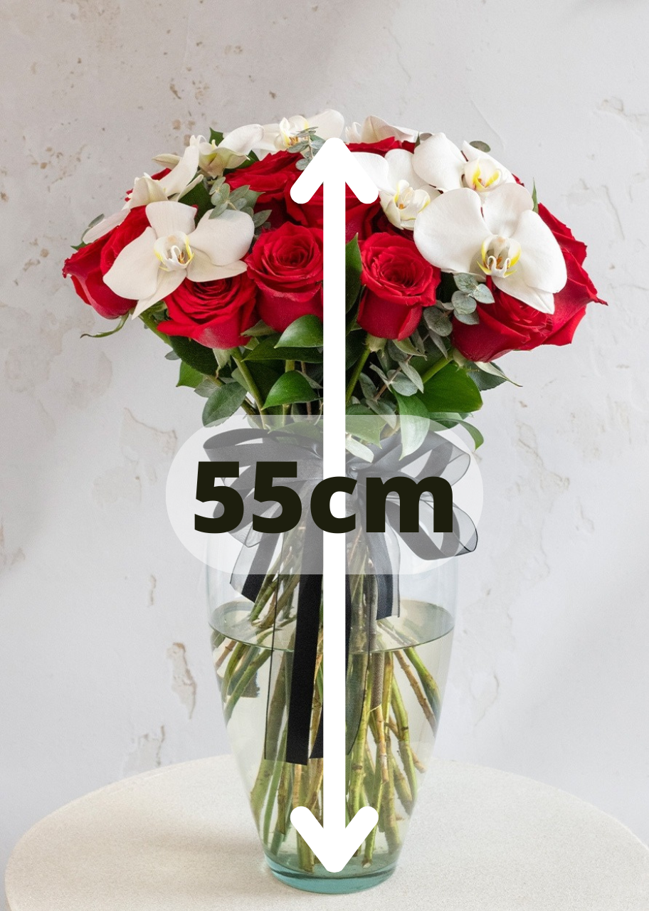 24 rosas rojas y orquídea en jarrón