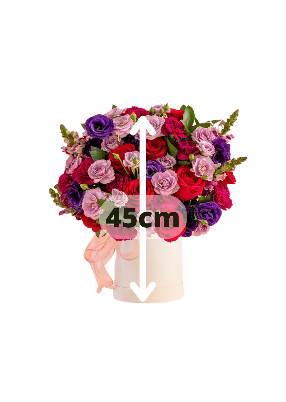 Caja con rosas y lisianthus