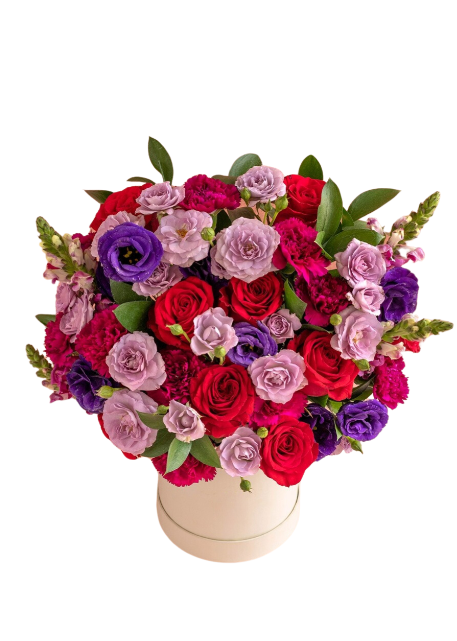 Caja con rosas y lisianthus