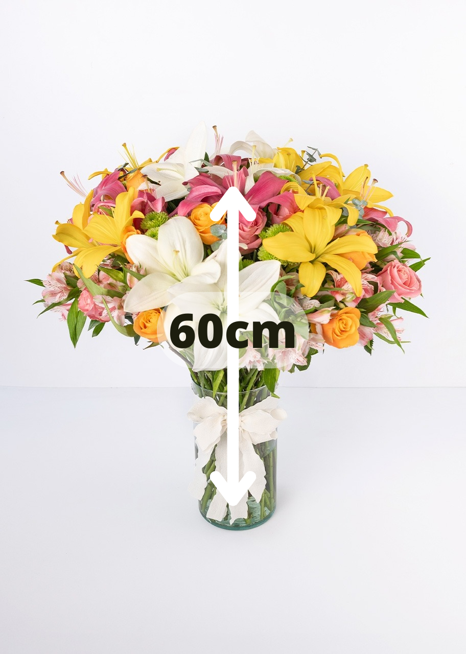 15 lilys y 20 rosas coloridas en jarrón