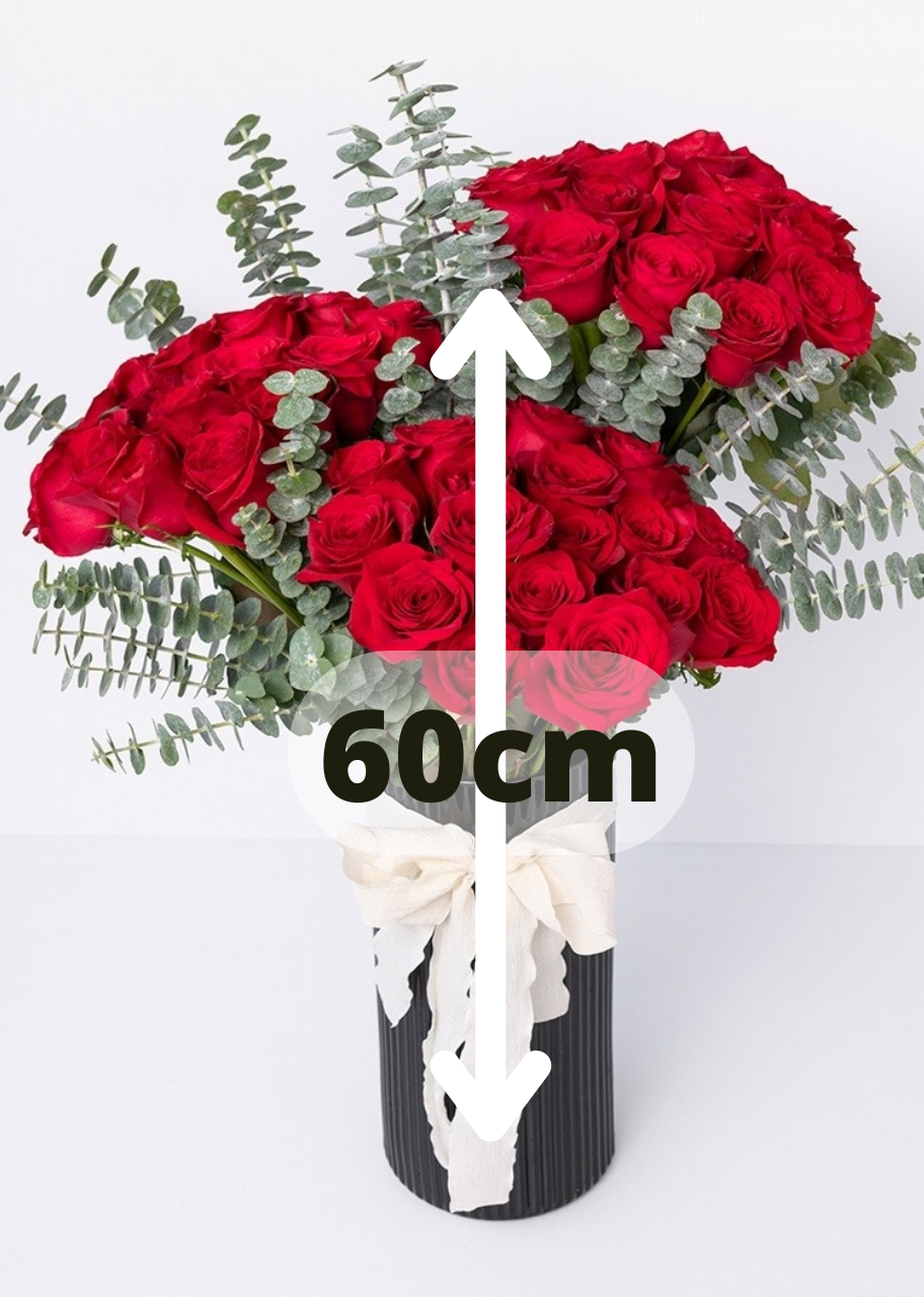 50 rosas rojas en jarrón negro
