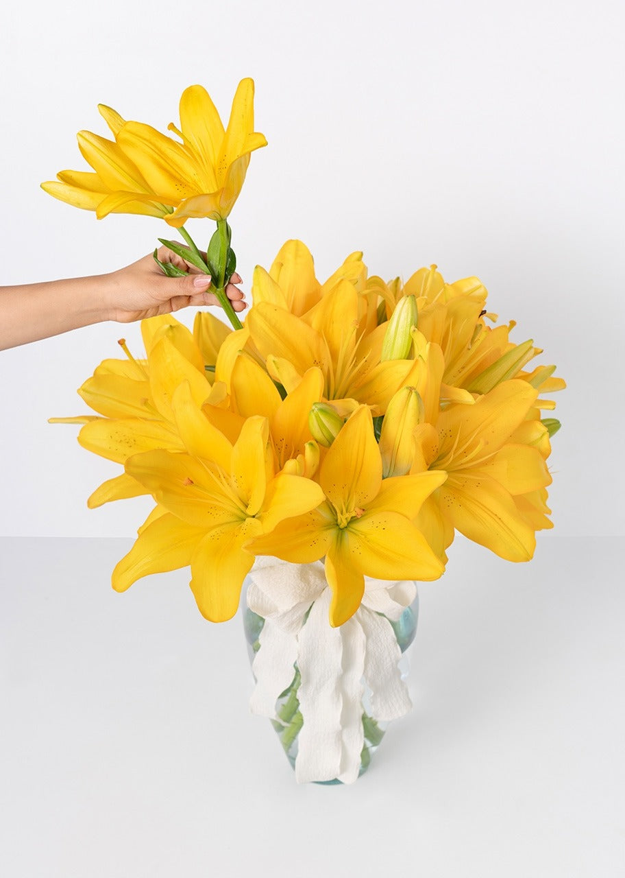 10 lilys amarillas en jarrón