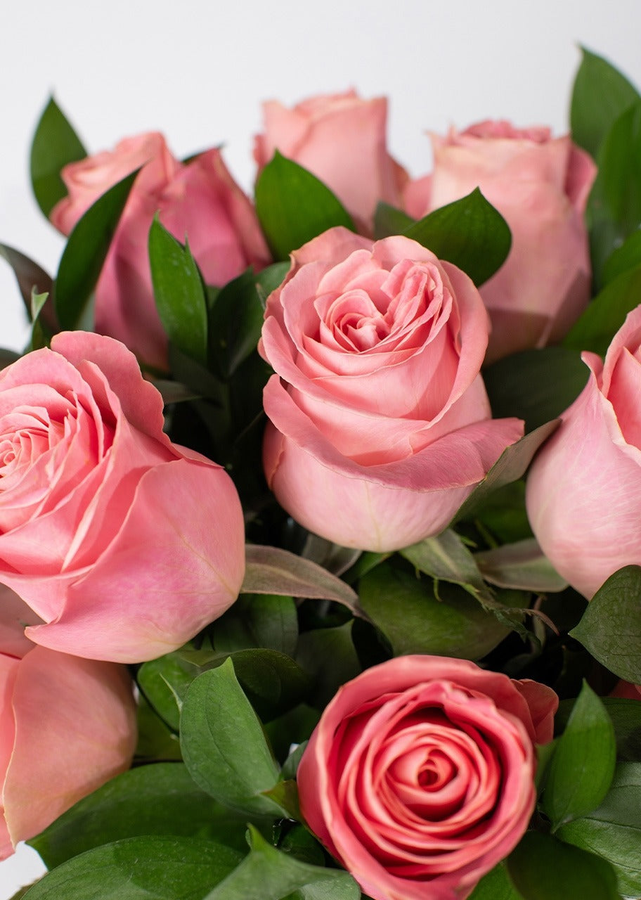 12 rosas rosas en jarrón