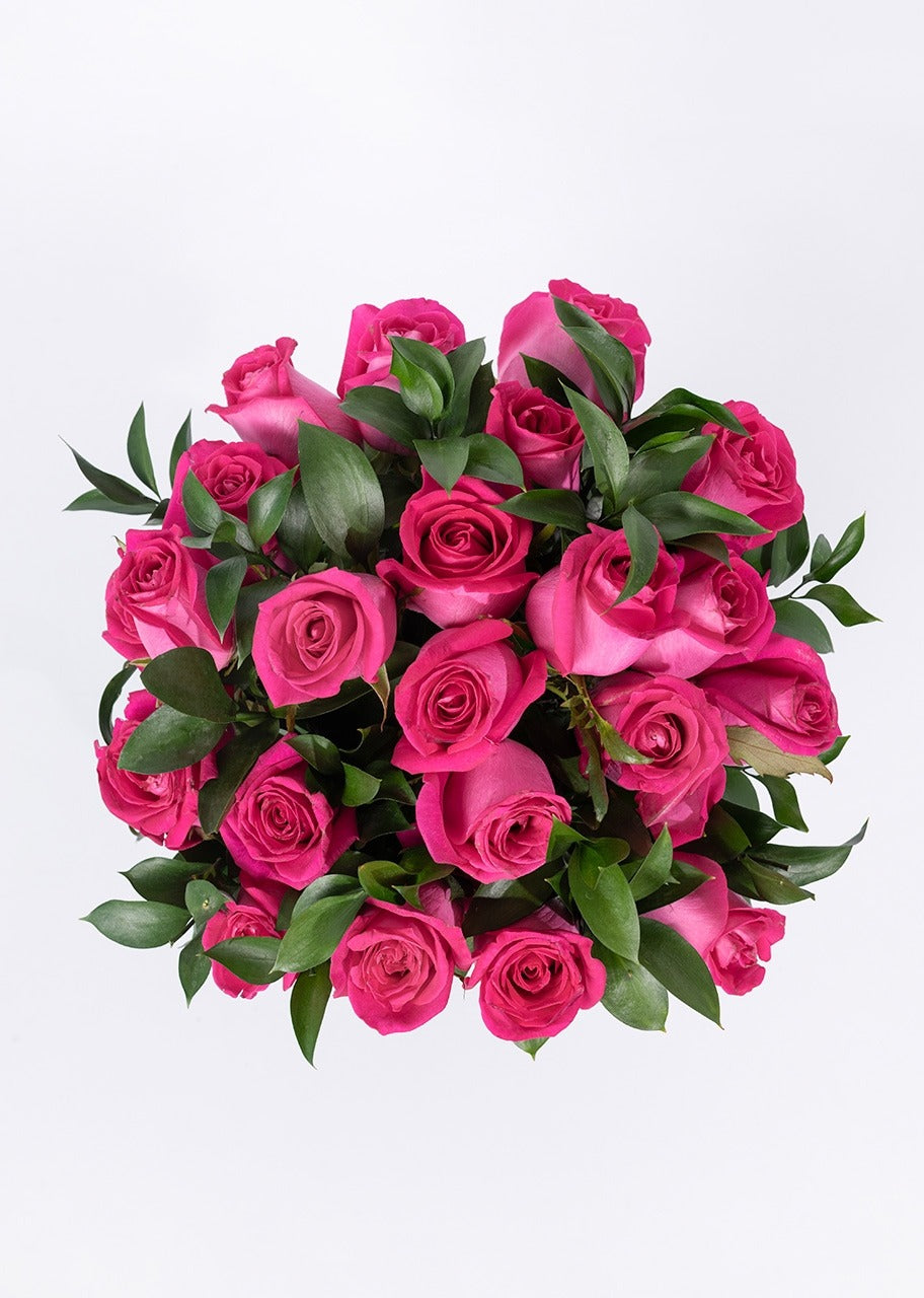 24 rosas fucsia en jarrón