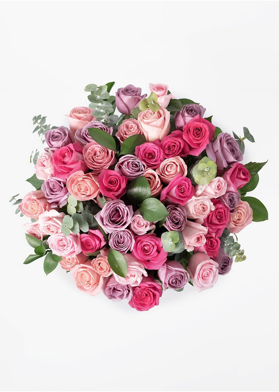 50 rosas rosas y lila en jarrón