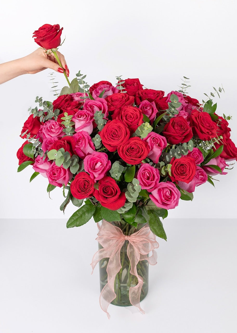 50 rosas rojas y fucsia en jarrón