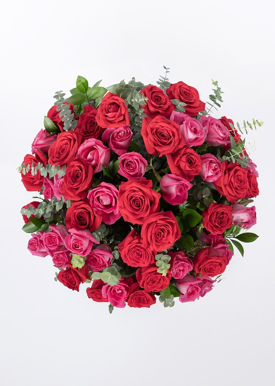 50 rosas rojas y fucsia en jarrón