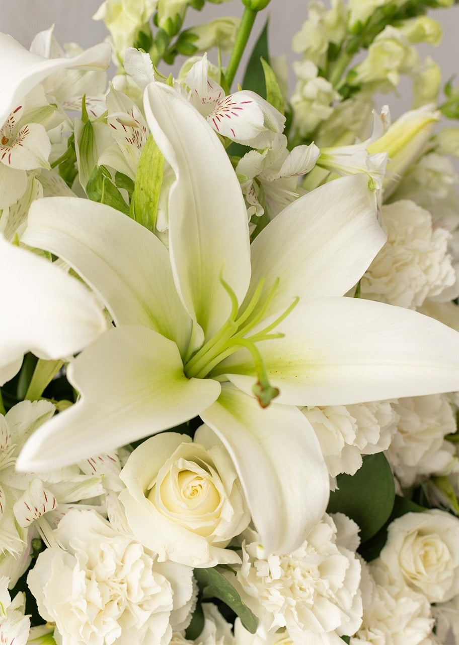 Caja con rosas blancas y lilys