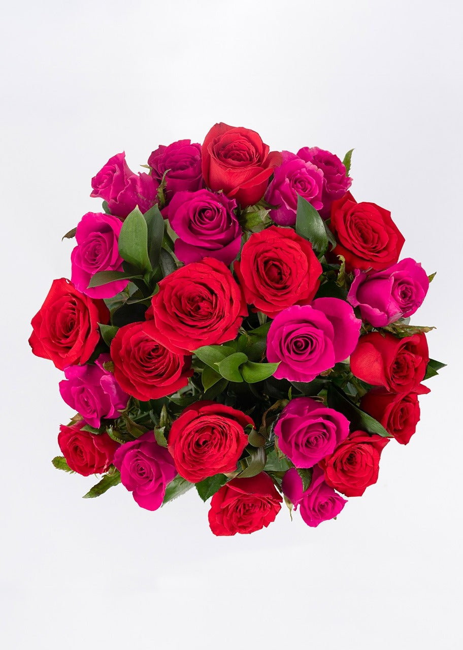 Ramo de 24 rosas rojas y fucsia