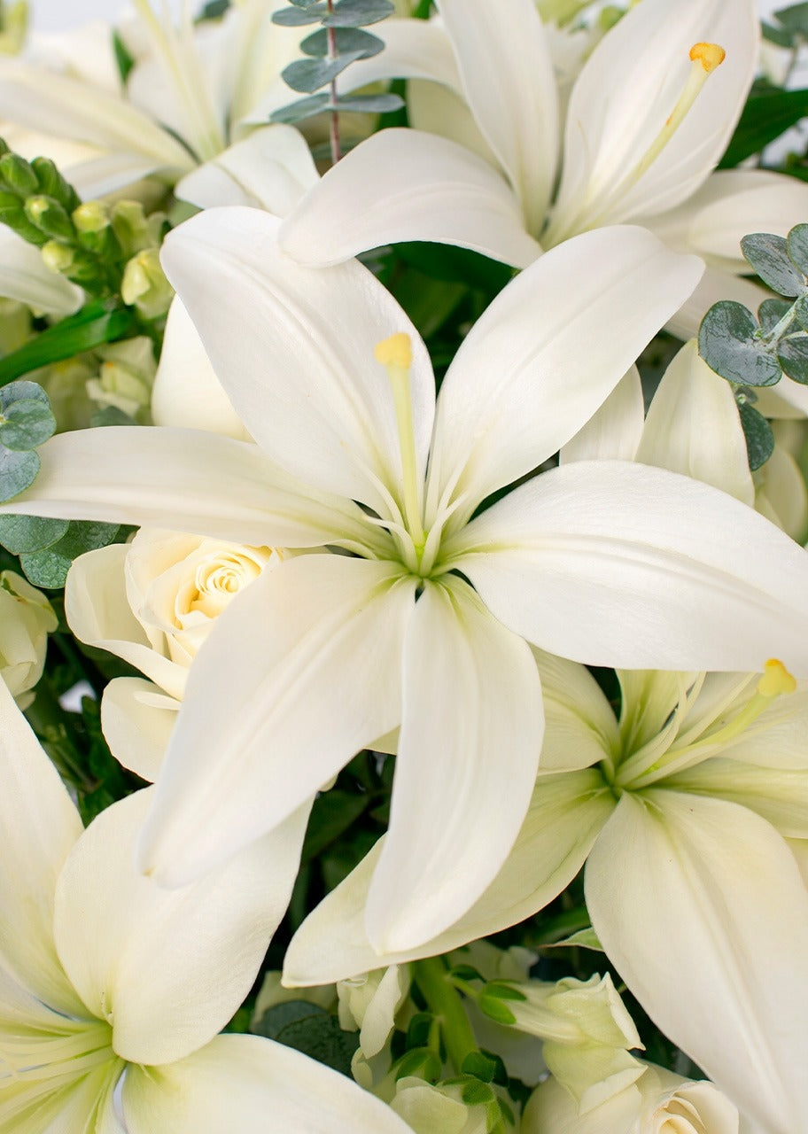 10 lilys y 20 rosas blancas en jarrón