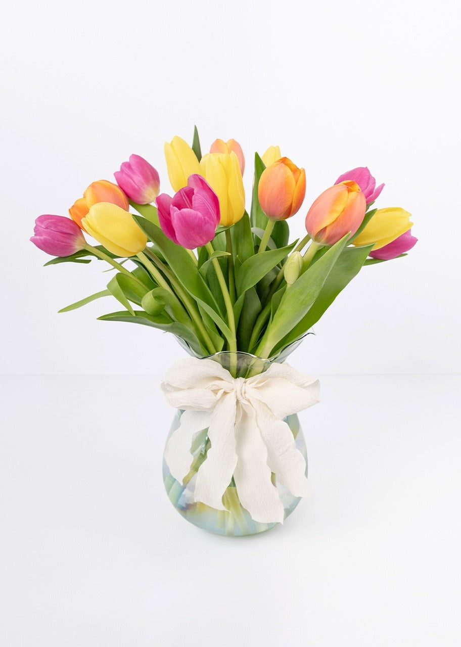 15 tulipanes coloridos en jarrón