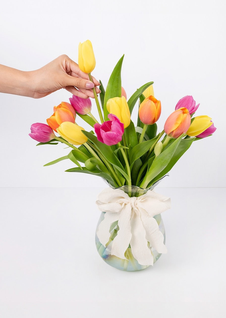 15 tulipanes coloridos en jarrón