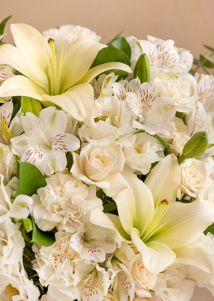 Caja con lilys y claveles blancos