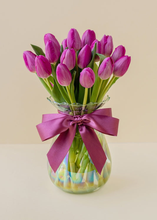 20 tulipanes fucsia en jarrón