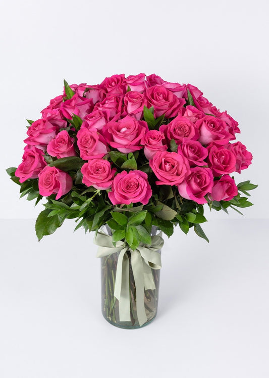 50 rosas fucsia en jarrón