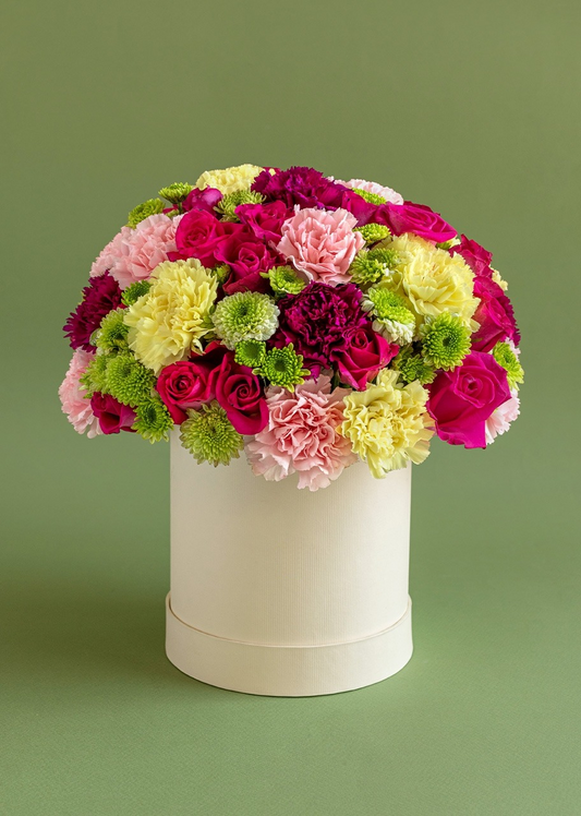 Caja con mini rosas y claveles