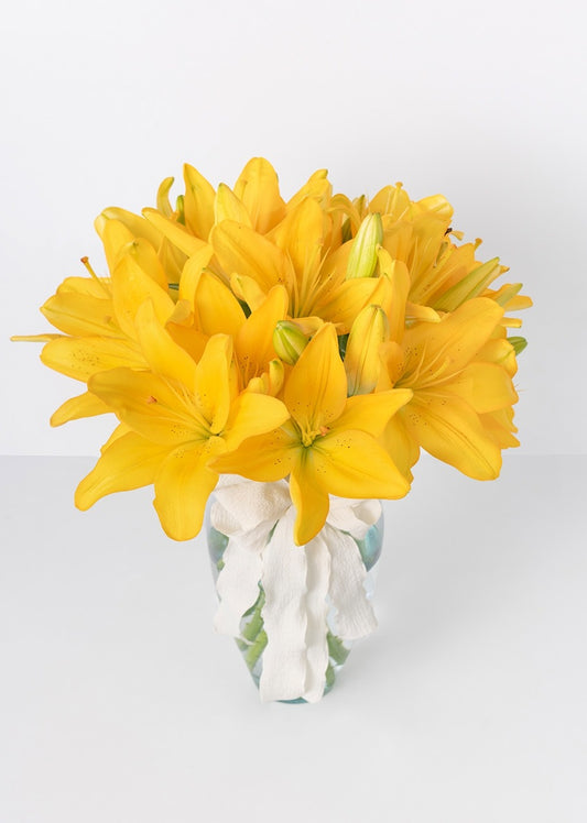 10 lilys amarillas en jarrón