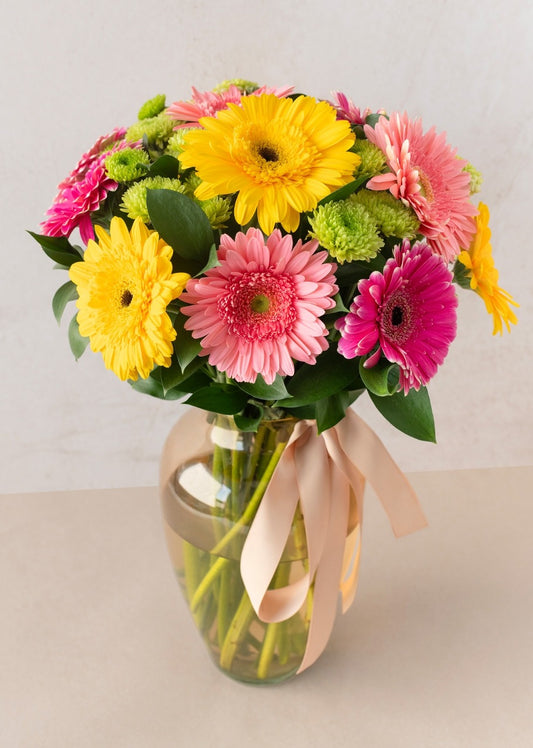 12 gerberas coloridas en jarrón