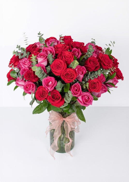 50 rosas rojas y fucsia en jarrón