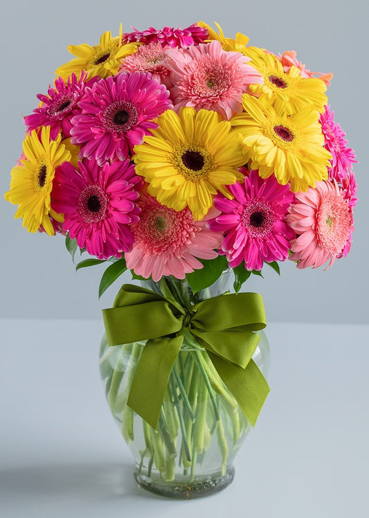 30 gerberas coloridas en jarrón